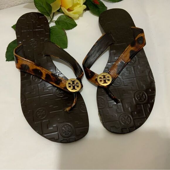 Tory Burch Leather Thong Leopard Animal Print Sandals 7 - Picture 10 of 12